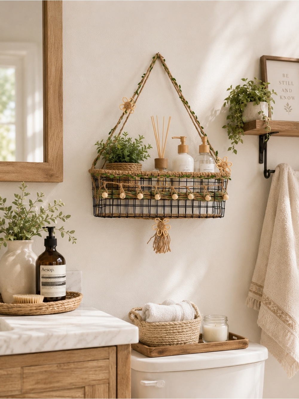 Boho Wall Basket Organizer, Rustic Hanging Storage Basket, Farmhouse Decor